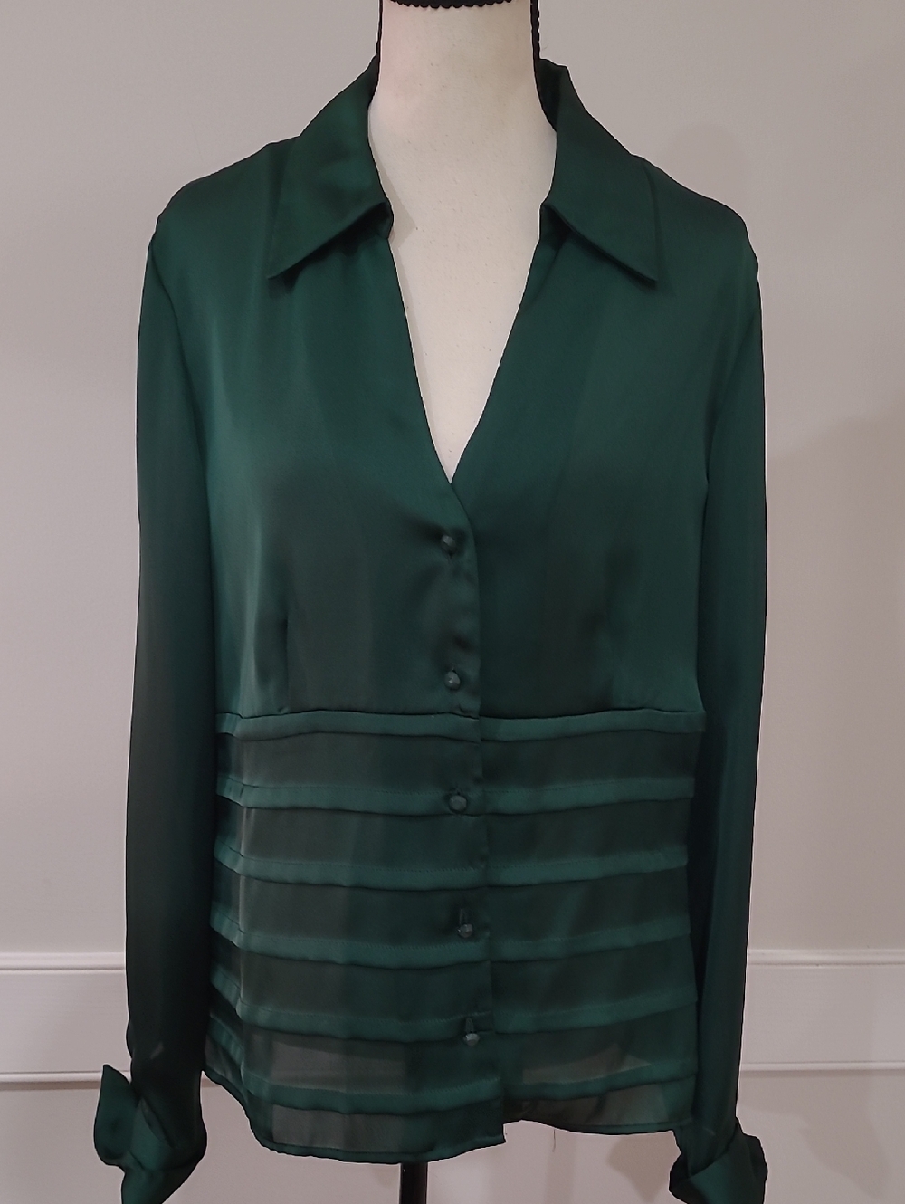 Jones New York Sheer Satin-Striped Emerald Green Button-Front Blouse - Size L